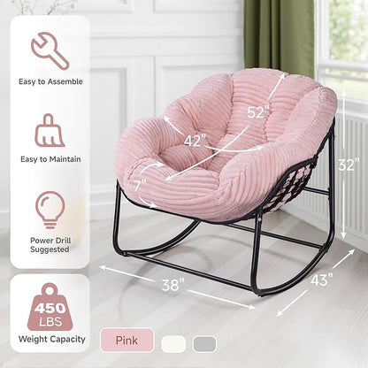 Indoor Rocking Chair, Oversized Outdoor Lounge Chair with Thick Corduroy Cushion & Straps, Wicker Modern Comfy Rocker Egg Chair for Living Room, Bedroom, Porch and Courtyard, Pink