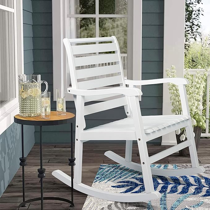 Eyely KCR101C Carrie Modern Slat-Back 300-Lbs Support Acacia Wood Patio Outdoor Rocking Chair for Garden, Lawn, Backyard, Pool, Deck, Beach, Firepit, White