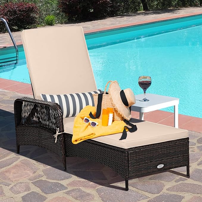 Tangkula Wicker Chaise Lounge Outdoor, Patio Rattan Reclining Chaise with 6-Gear Adjustable Backrest - Photo 2