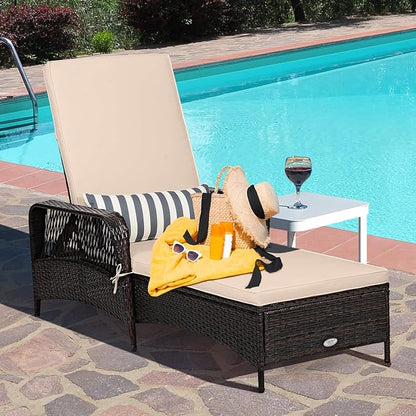 Tangkula Wicker Chaise Lounge Outdoor, Patio Rattan Reclining Chaise with 6-Gear Adjustable Backrest, Thick Padded Cushion & Removable Lumbar Pillow, Pool Lounge Chairs for Outside Balcony Backyard