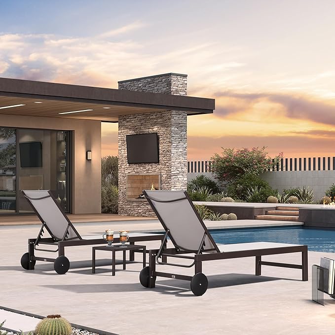 PURPLE LEAF Outdoor Chaise Lounge Chair Set of 2, Pool Lounge Chairs for Outside, Aluminum Patio Chaise Loungers with Adjustable Backrest and Wheels for Deck, Lawn, Garden, Linen