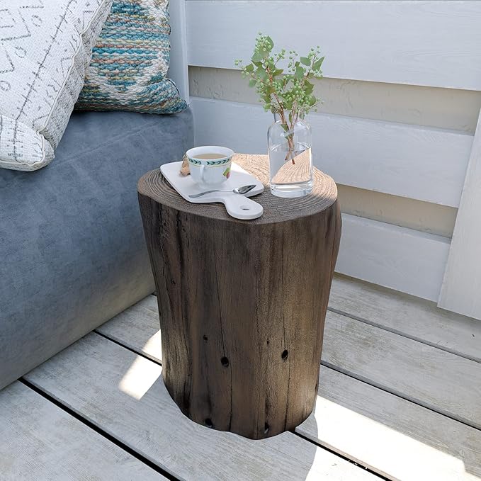 HOMPUS Concrete Outdoor Side Table Set of 2, 2 Piece Tree Stump Modern Round Coffee Table Accent Set Plant Stand Faux Wood End Table Garden Stool for Patio,Home Decor, Living Room, Dark Walnut