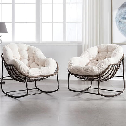 HOMEFUN Outdoor Patio Rocking Chairs Set of 2, Oversized Papasan Rock Chair Indoor with Striped Velvet Padded Cushion - Rocker Egg Seat for Front Porch, Garden, Patio, Backyard White