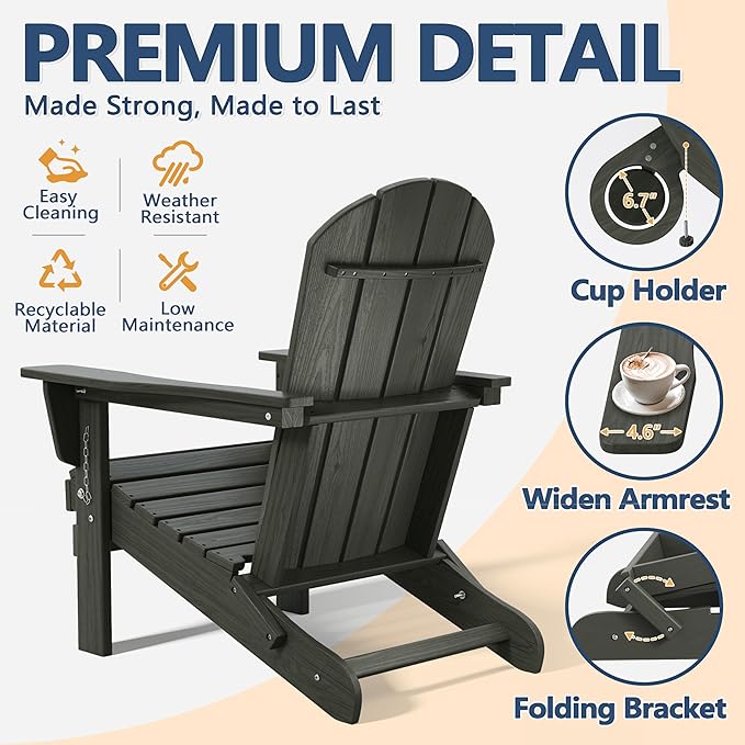 Outdoor Folding Adirondack Chair Set of 1 for Patio Fire Pit, Wooden Textured HDPE Adjustable Chairs with Cup Holder, Waterproof All Weather Resistant Plastic for Pool Lawn Garden Backyard(Gray)
