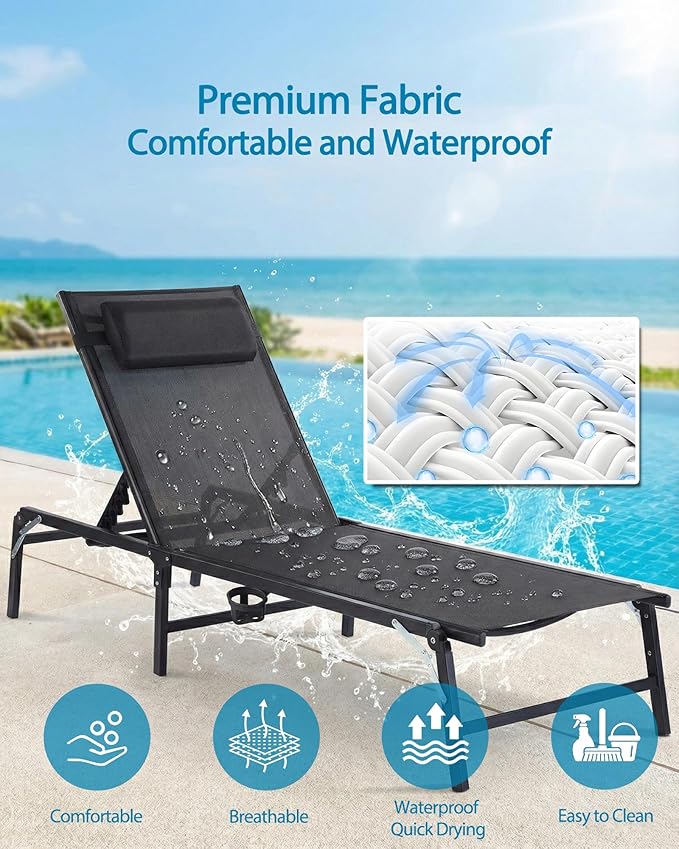 4 Pack Foldable Chaise Lounge Chair with Cup Holder - Photo 4
