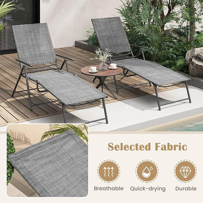 Giantex Lounge Chair Outdoor Set of 2 - Tanning Chair with 6 Adjustable Backrest, 2-Level Footrest, Folding Sunbathing Lounger for Patio, Poolside, Yard, Chaise Lounge Chair, Beach Chair (Grey)