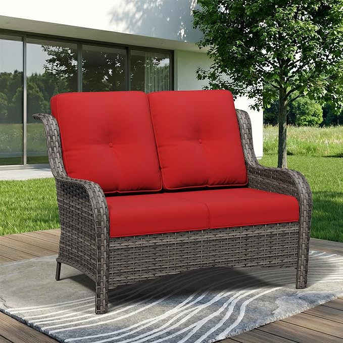 Wicker Patio Loveseat, 2 Seat Outdoor Couch with Thickened Olefin Cushions, High Back and Deep Seating - Photo 8