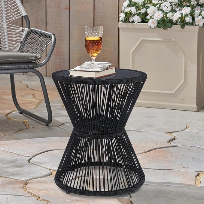 SUNNYPARK Outdoor Side Table 20'' H Small End Tables Woven Rope Weather Resistant with Glass Top Round Coffee Table for Indoor Balcony Patio Poolside (Black)
