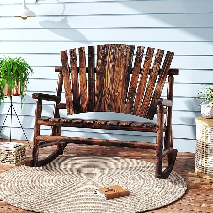 Giantex Outdoor Wooden Rocking Bench, 2-Person Adirondack Porch Rocker Chair with High Back and Slatted Seat, Rustic Log Loveseat for Front Porch Patio, Backyard, Garden, Brown, 51”x38”x46”