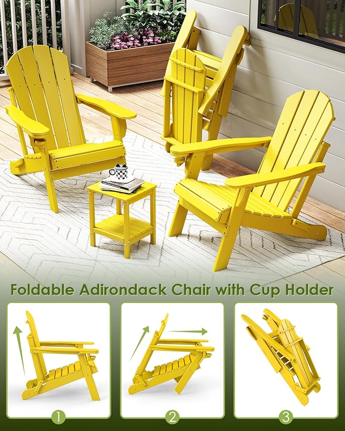 GREENVINES Folding-Adirondack-Chairs-Set-of-4 | HDPE Plastic | Fire Pit Chair | All Weather | Cup Holder | Yellow | for Deck Backyard Patio Outdoor Garden