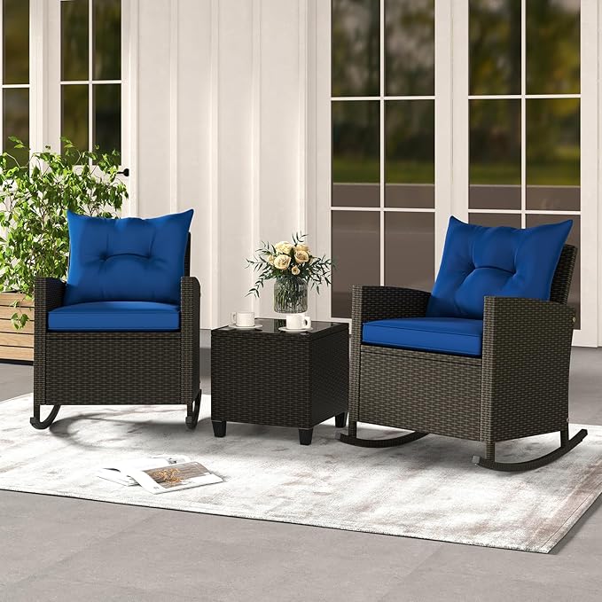 Tangkula 3 Piece Wicker Rocking Set, Patio Rattan Roker Chairs with Tempered Glass Table & Soft Cushions - Photo 9