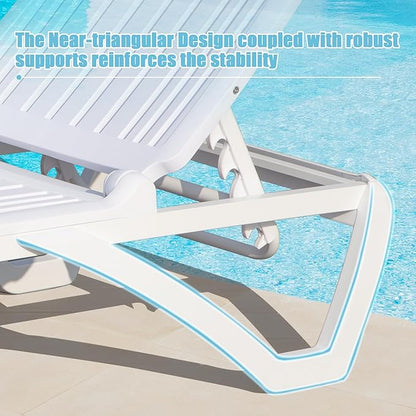 Domi Patio Outdoor Chaise Lounge Chair, All-Weather Plastic Adjustable Reclining Lounger, Stackable Tanning Lounge Chair w/Wheels and Side Table, for Beach Garden Lawn Pool(1 White Chair W/Table)