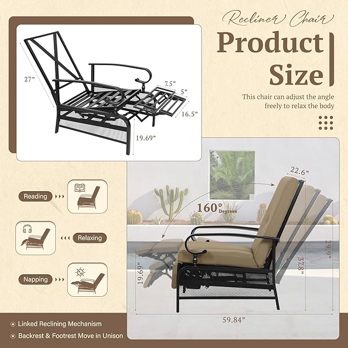 Oakcloud Adjustable Outdoor Lounge Chair Metal Patio Relaxing Recliner Chair with Removable Cushions(Brown) - Photo 3