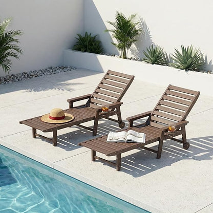 Adjustable Lounge Chair Outdoor Set of 2, HDPE Outdoor Chaise Lounge with Cup Holder & Wheels, Pool Lounge Chairs for Poolside, Backyard Pool, Patio, Beach, Deck, (Brown)