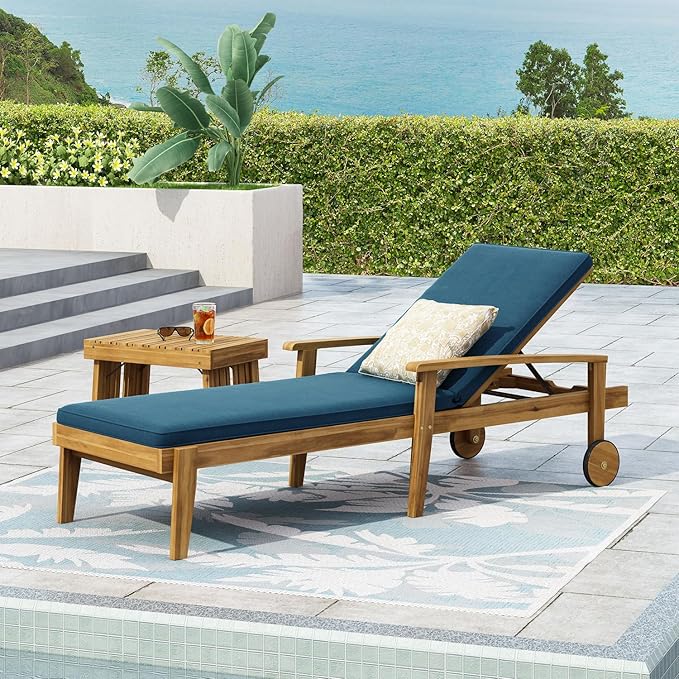 Outdoor Chaise Lounge Chair, Pool Lounge Chairs with Wheels, 5-Position Adjustable Backrest & Wood Frame - Photo 1