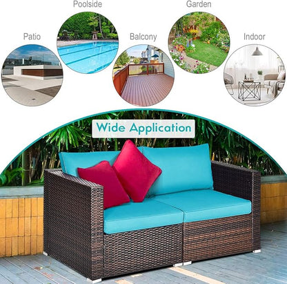 Tangkula 2 Seat Outdoor Wicker Loveseat Sofa Set, Modular PE Rattan 2 Pieces Outdoor Wicker Corner Sofa, Outside Furniture Set for Deck, Backyard, Porch, Garden & Poolside, Turquoise