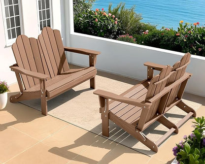 SERWALL Folding Adirondack Bench, HDPE All-Weather Adirondack Loveseat Set of 2, Brown