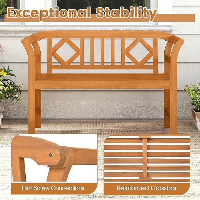 RELAX4LIFE Acacia Wood Outdoor Bench - 2 Person Patio Loveseat with Backrest and Armrests, 47 inch Garden Bench for Backyard, Porch, Lawn and Poolside, 800 lbs Weight Capacity