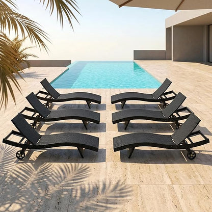 OVENTA Outdoor Wicker Patio Chaise Lounge Chair with Wheels Set of 6, Black Rattan Pool Furniture Lounger for Outside Poolside Lounges, Jumbo Co Chaise Lounge Chairs, Wicker Patio Pool Furniture