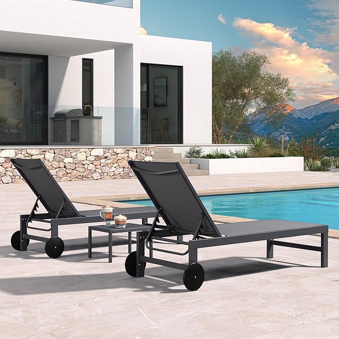 PURPLE LEAF Patio Lounge Chair Set for 2 Outdoor Chaise Lounge with Adjustable Backrest and Easy-to-Move Wheels Aluminum Reclining Lounge Chair for Outside Yard Pool Side Table Included, Charcoal Grey