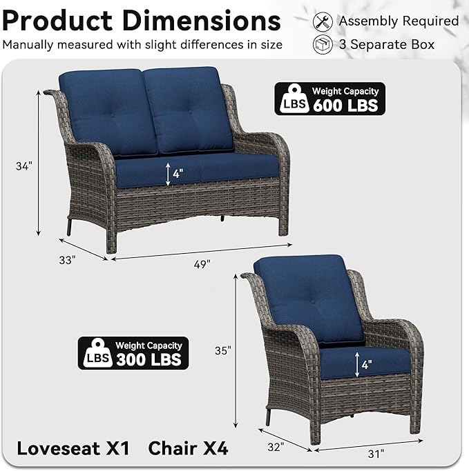 5 Piece Outdoor Wicker Patio Furniture Set, Patio Chairs Set with Thickened Olefin Cushions, High Back and Deep Seating - Photo 2