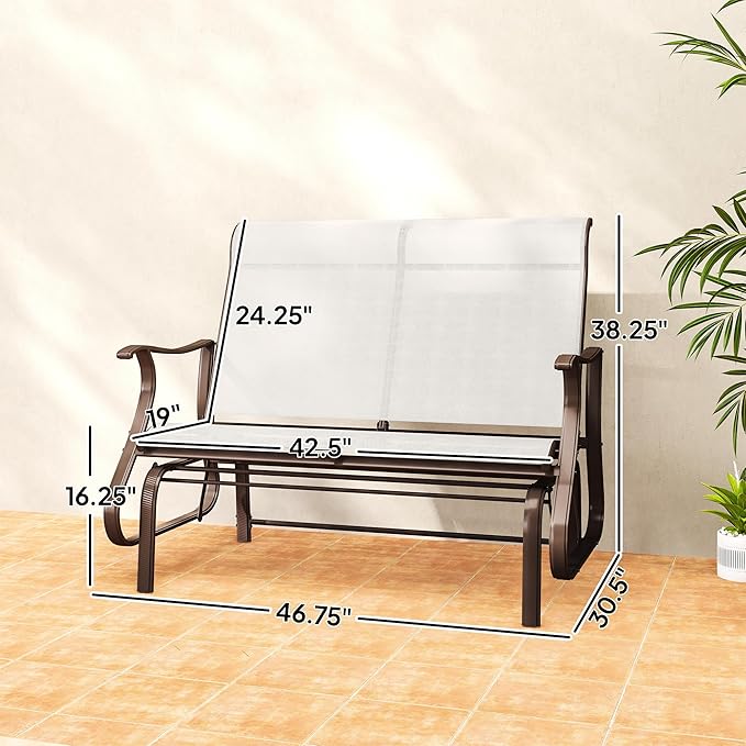 Outsunny 2-Person Outdoor Glider Bench，Patio Glider Loveseat Chair with Powder Coated Steel Frame，2 Seats Porch Rocking Glider for Backyard, Lawn, Garden and Porch, Cream White
