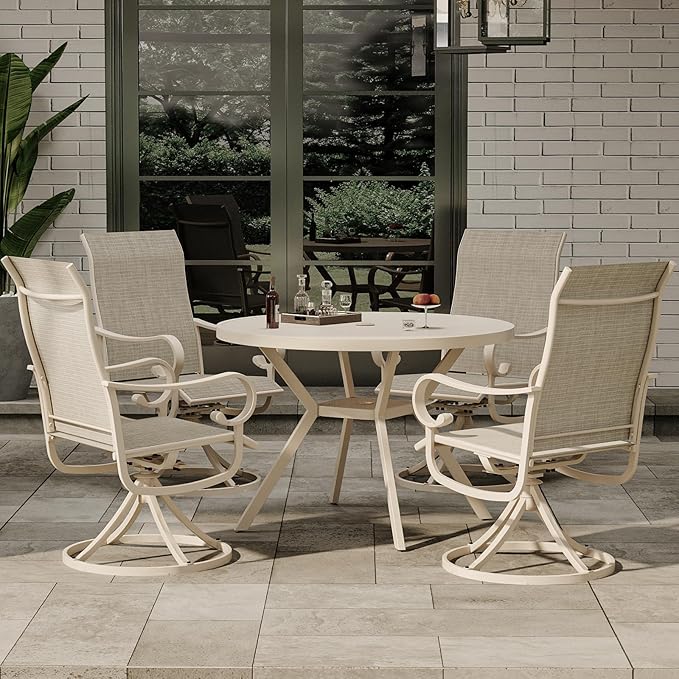 Patio Swivel Chairs Set of 4, Outdoor Dining Chairs with High Back, All-Weather Swivel Rocker Chair with Sturdy Metal Frame for Outdoor Poolside Lawn Garden, Sandshell