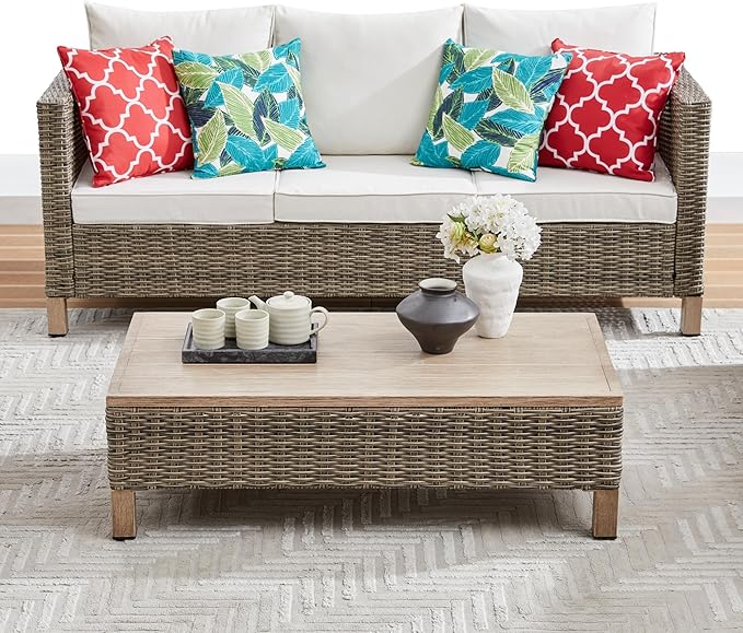 Outdoor PE Wicker Coffee Table with Metal Top, 43.3" Hand Woven Rattan Patio Table for Conversation Set - Photo 2