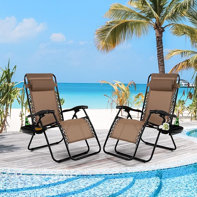Tangkula Zero Gravity Chair, Folding Patio Lounge Chair Adjustable Outdoor Recliner with Cup Holder - Photo 2