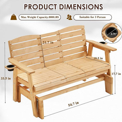 HOMREST Outdoor Glider Bench, Oversized Glider Bench with Foldable Seatback, Wooden Patio Glider Loveseat with High Back, Cupholders, Heavy Duty 800LBS Suitable for 3 Persons, Natural