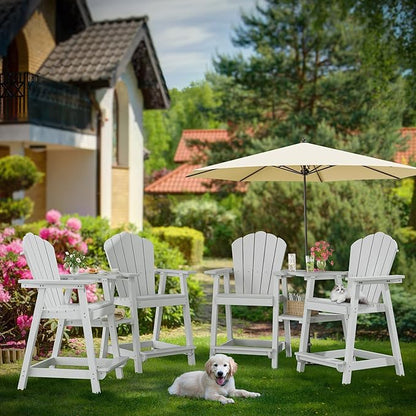 Tall Adirondack Chair Set of 4 with Double Connecting Tray, Recycled HDPE with Wood Grain, Weather Resistant, Outdoor Adirondack Chairs for Deck, Balcony, Patio, Backyard, White