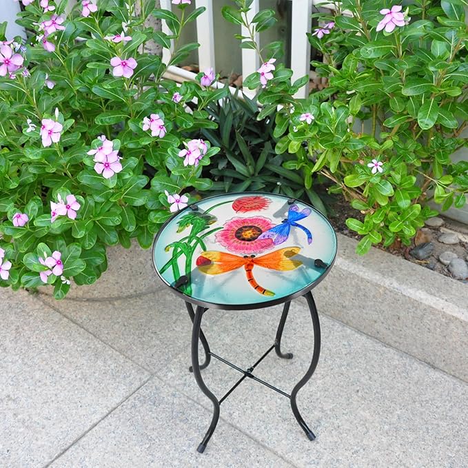 Outdoor Table Small Patio Side Table Metal Glass End Table Plant Table Decor Garden Balcony Indoor Accent Table