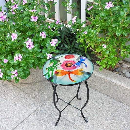 Outdoor Table Small Patio Side Table Metal Glass End Table Plant Table Decor Garden Balcony Indoor Accent Table