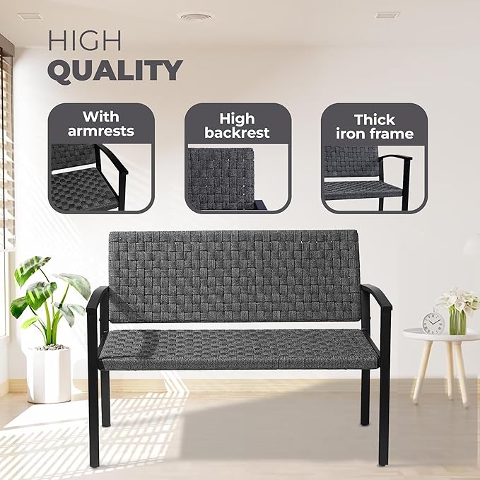 Chelsea Olive Patio Loveseat All-Weather Rope Outdoor Bench with Metal Armrest, Patio Outdoor Furniture Ideal Garden Bench for Balcony, Lawn, Backyard and Deck (Grey)