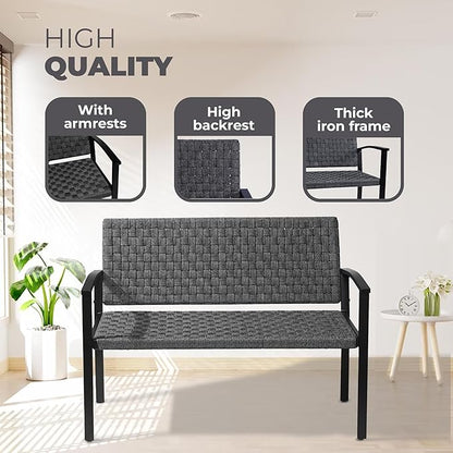 Chelsea Olive Patio Loveseat All-Weather Rope Outdoor Bench with Metal Armrest, Patio Outdoor Furniture Ideal Garden Bench for Balcony, Lawn, Backyard and Deck (Grey)