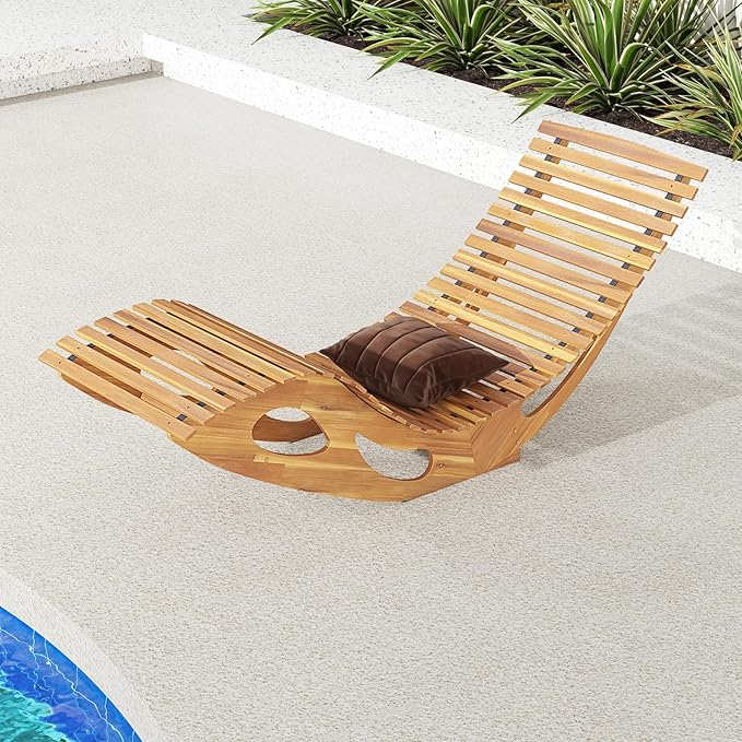 Tangkula Outdoor Chaise Lounge Chair, Acacia Wood Rocking Sun Lounger with Slatted Backrest and Seat, Wooden Rocker Lounge Chair for Patio, Garden and Poolside