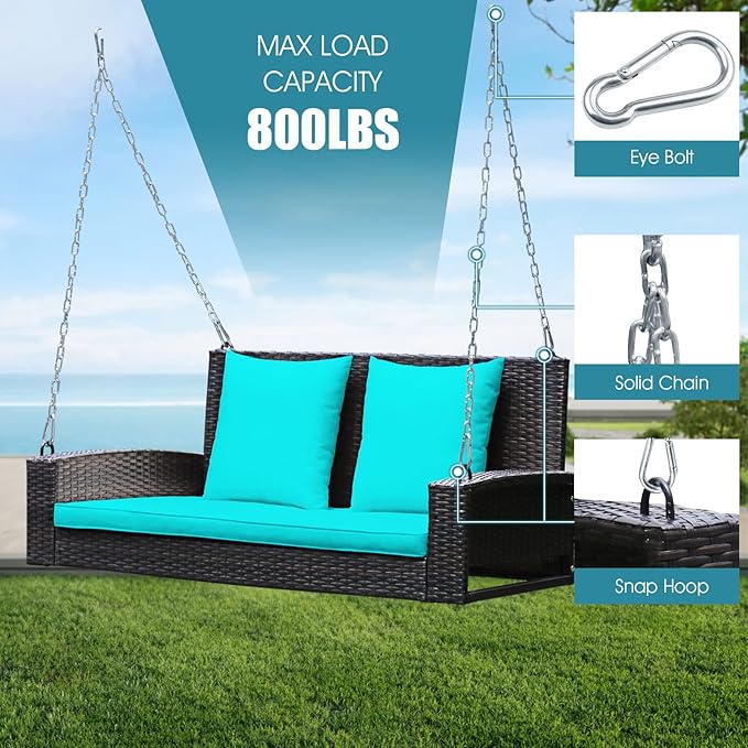 Tangkula 2-Person Wicker Hanging Porch Swing, Patiojoy Outdoor Rattan Swing Bench W/ 2 Back Cushions & 1 Seat Cushion - Photo 7