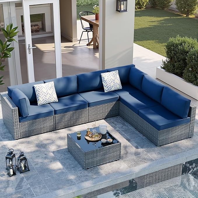SUNLEI 7pcs Patio Conversation Sets Outdoor Furniture Sets, High Back All-Weather Rattan Sectional Sofa with Tea Table&Washable Couch Cushions(Silver Rattan) (Aegean Blue)