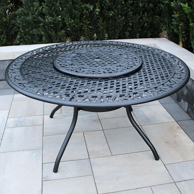 Oakland Living Ornate Outdoor Mesh Aluminum 59-in Black Large Round Patio Dining Table with Lazy Susan - Photo 4
