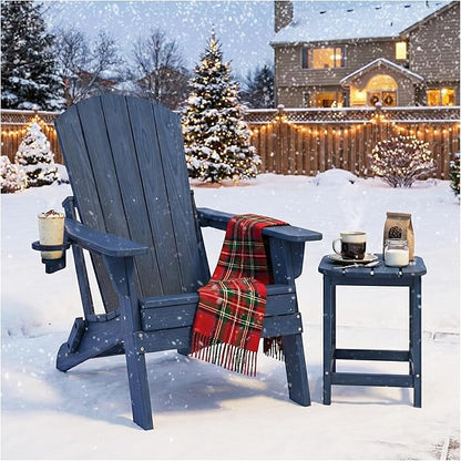 Folding Adirondack Chair with Cup Holder, HDPE All Weather Resistant Plastic Outdoor Patio Chairs, Heavy Duty Fire Pit Seating for Backyard Lawn Garden, Wooden Textured Design(Navy Blue)