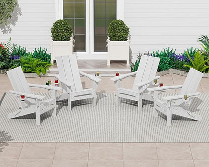 SERWALL Modern Folding Adirondack Chair Set of 2, All Weather Resistant Outdoor Adirondack Chair with Cup Holders, HDPE Adirondack Chair for Patio Lawn Garden, White