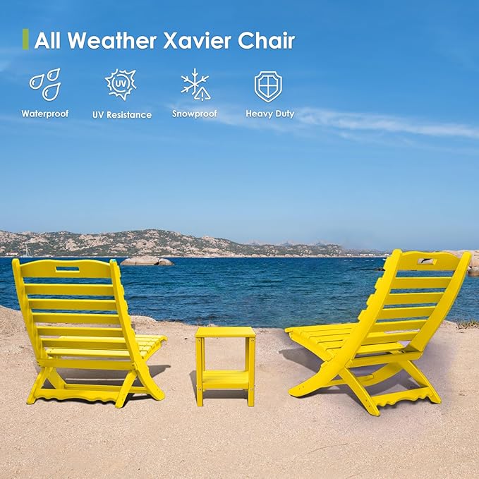 GREENVINES Folding-Xavier-Chairs Set of 2 | Wave | Portable Adirondack-Chair | HDPE Plastic | All Weather Fire-Pit Chair | Yellow | for Beach Outdoor Deck Poolside Garden Patio Porch Fishing