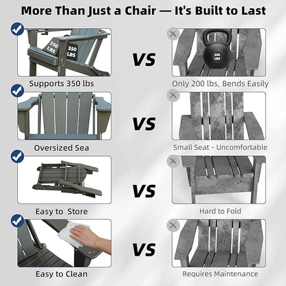 Domi Folding Adirondack Chair, HDPE All-Weather Outdoor Chair with Cup Holder, Wooden Textured Fire Pit Chair for Backyard, Patio, Poolside & Deck, Grey