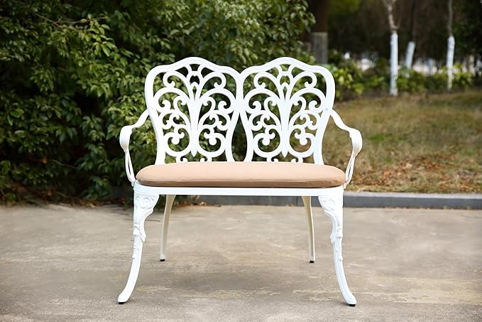 Patio Garden Bench Metal Park Bench Cast Aluminum Outdoor Furniture with Floral Rose for Patio,Park,Lawn,Yard with Cushion White