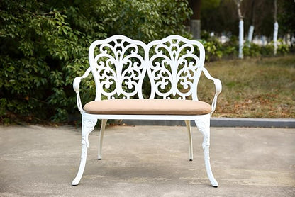espidoo Cast Aluminum Garden Bench: Year-Round Elegance with Floral Rose - White Outdoor Patio Bench with Cushion - 34.6" W for Patio Lawn & Backyard
