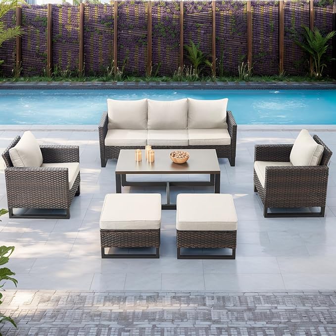 Rilyson Wicker Outdoor Patio Furniture Set - 6 Piece Patio Conversation Set with 2 Armrest Chairs, 2 Rattan Ottoman - Photo 6