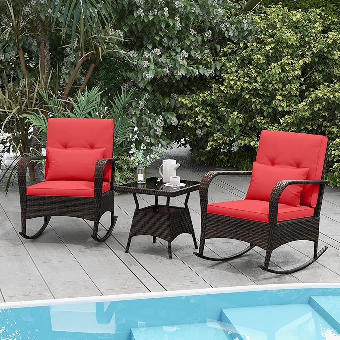 ORALNER 3 Pieces Patio Furniture Set, Outdoor Wicker Rocking Chairs with Cushions, Pillows, Glass Coffee Table, Rattan Bistro Rocker Set for Balcony Front Porch Poolside Garden Deck Yard (Red)