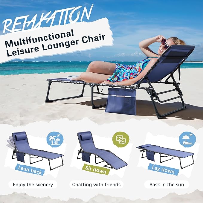 Greesum Chaise Lounge Folding Tanning Chair with 5 Position Adjustable Back, Detachable Pillow & Pocket Outside Pool, Beach, Sunbathing, Blue