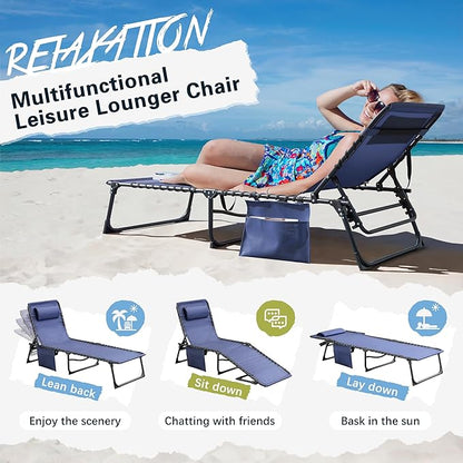 Greesum Chaise Lounge Folding Tanning Chair with 5 Position Adjustable Back, Detachable Pillow & Pocket Outside Pool, Beach, Sunbathing, Blue