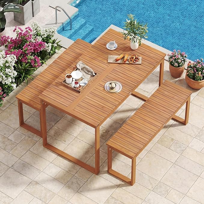 Tangkula Acacia Wood Patio Dining Table for 4-6, Rectangular Outdoor Table with Slatted Tabletop, Outside Dinner Table for Garden, Balcony, Deck and Backyard (49" x 27.5")